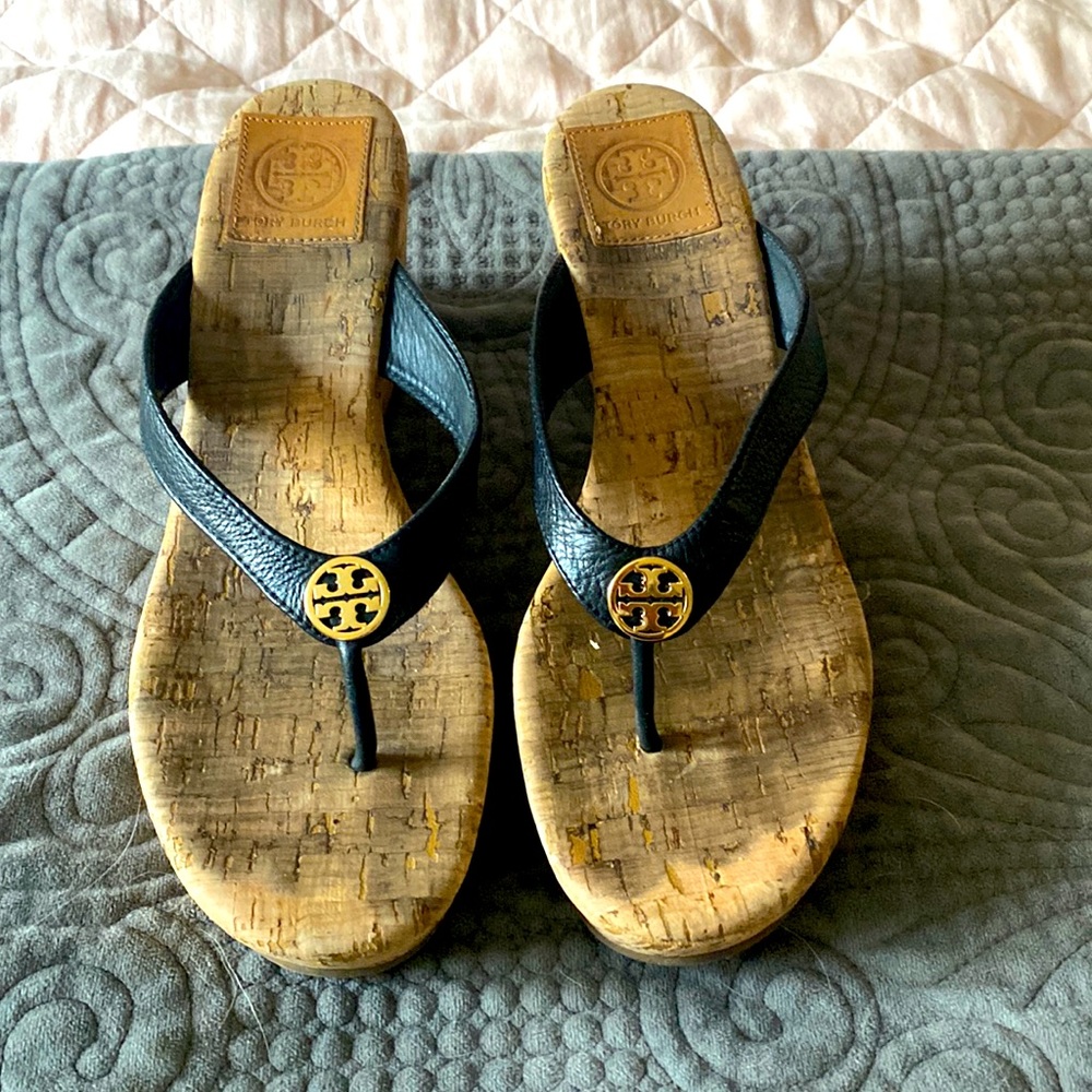 Tory Burch wedge flip flops.